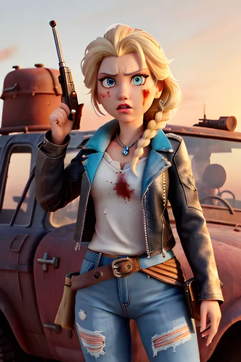 elsa, from frozen, in mad max fury road, dirty:2.5, dusty:.5, grimy, high detail, desert, (worn black leather jacket):2.5, (dirt...