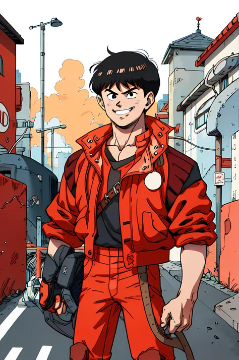 kaneda shotaro, high res, 1boy, solo, upper body,short hair, red jacket, red pants, boots, cheeky grin,  (profiles:0.3), blocked off city street,  masterpiece, anime colors, lineart detailed, <lora:toriyama_akira_3:0.6>, floating debris,<lora:AddDetail:1>,...