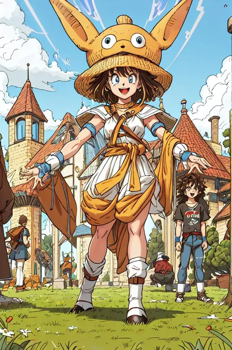 toriyama akira, masterpiece, lineart detailed, high res, 1girl,  blue eyes, full body, short brown hair, wearing 80s street fashion, on a grass field, futuristic village, cumulonimbus clouds, open mouth smile, dynamic pose, orgone energy, (profiles:0.3), <...