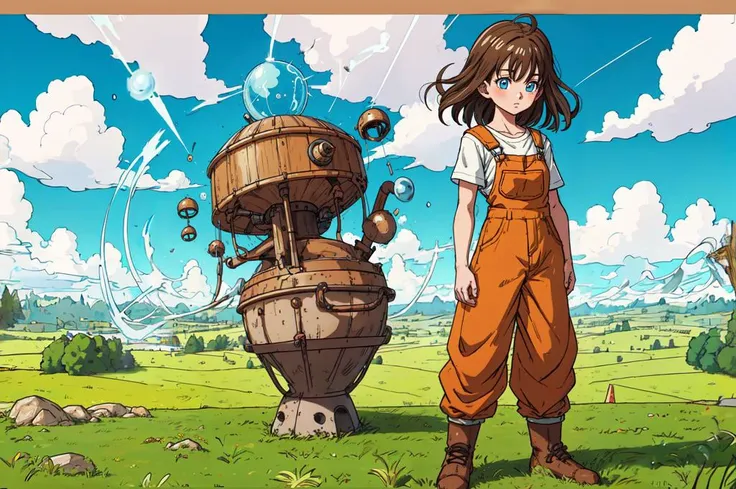 mtoriyama akira, masterpiece, high res, anime coloring, 1girl, mature, solo, short brown hair, blue eyes, wearing overalls, medium breasts, standing in a grass field, cumulonimbus clouds, orgone energy machine, <lora:toriyama_akira_3:0.7>