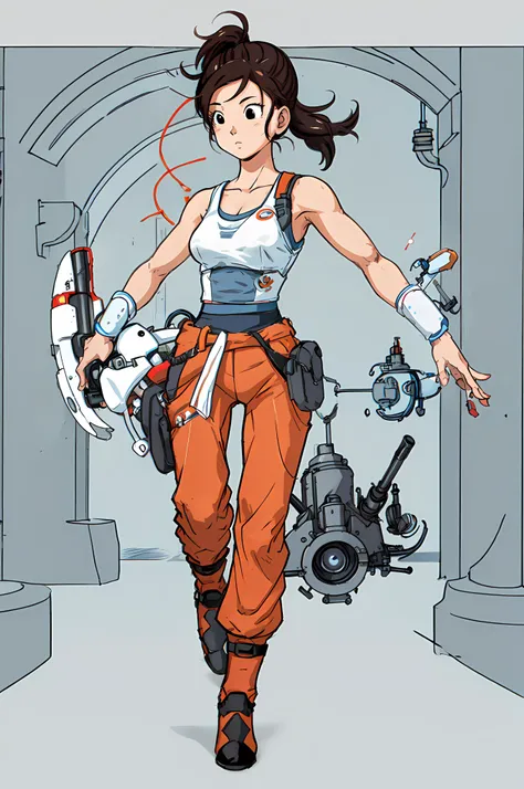 toriyama akira, high res, 1girl, chell, solo, mature, tall, full body, long dark hair, ponytail, black eyes, testing facility,large breasts, cute face, weapon,  portal gun, stepping out of a blue portal, GlaDOS, (profiles:0.3), masterpiece, anime colors, l...