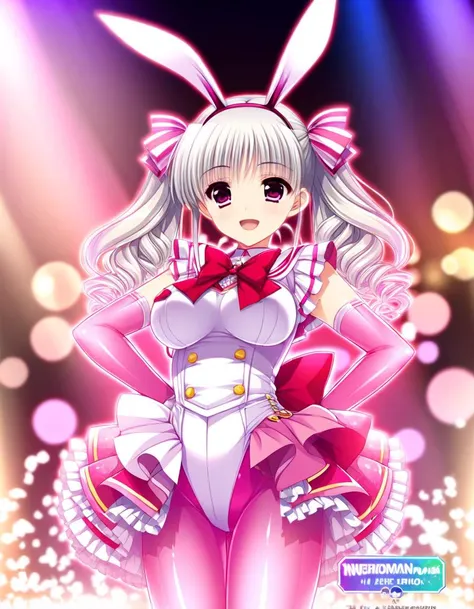 (DLsite eroge HCG:1.0), masterpiece, 1girl, awesome top artist illustration, 1girl sailor senshi girl ,white hair curly twintails, sexy gravure poses, looking at viewer, fullcover bodysuit with showgirl skirt, rabbit ears, large breasts, shiny latex fabric...