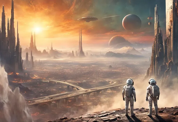 in foreground, view from behind, view from above, 2 human astronauts in a white spacesuit with a transparent helmet and backpack are standing and watching (the huge wide valley with enormous majestic magnificent amazing impossible very destroyed ruined sci...