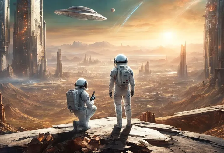 in foreground, view from behind, view from above, 2 human astronauts in a white spacesuit with a transparent helmet and backpack are standing and watching (the huge wide valley with enormous majestic magnificent amazing impossible very destroyed ruined sci...