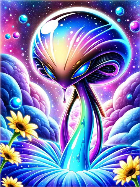 alien themed yellow and blue flower with dripping paint on it, anime, high detail . extraterrestrial, cosmic, otherworldly, mysterious, sci fi, highly detailed