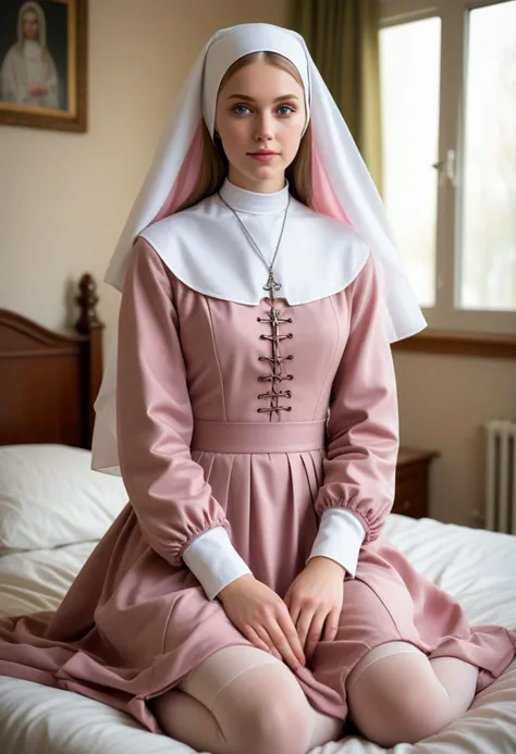 ((fashion photography)), perfect face, perfect eyes, (medium full shot) of  (angelic nun) young woman, swedish, blue eyes, fair skin, fair skin, olive green eyes, Medium, hazel hair, wearing rose pink  habit with a veil and long-sleeves, ankle-length skirt...