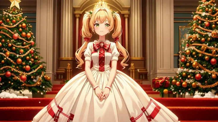 best quality, one girl, standing, snow, christmas tree,  <lora:add_detail:0.5> , masterpiece, red and white christmas dress, looking at viewer,   <lora:KaraneIndaV1:0.7>, twintails