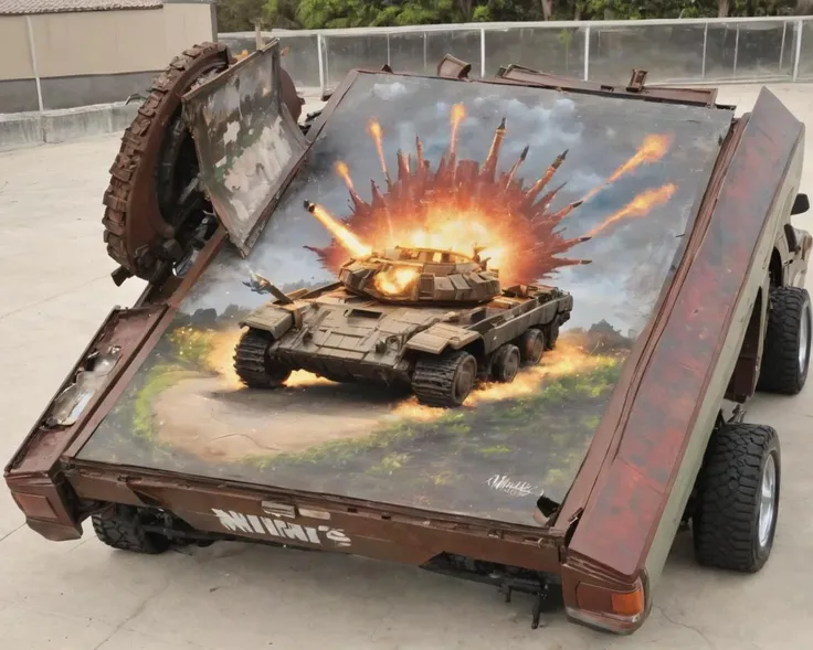 a m1n1trckzrck pickup with a tilt bed with a painting of an exploding vtnktnk tank on top <lora:m1n1trckzrck_SDXL_v1_32_2-000011:1><lora:vtnktnk_SDXL_v1_32-000015:0.8>