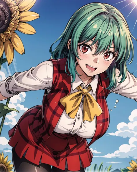 <lyco:YuukaKazamiV2:0.7>, YuukaKazami, :D, red eyes, mature female, leaning forward, large breasts, close up, dutch angle, green hair, YuukaRedPlaidOutfit, red plaid vest and skirt set, white shirt, black pantyhose, smile, sunflower fields, nature, blue sk...