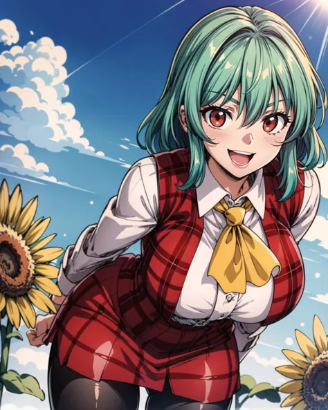 <lyco:YuukaKazamiV2:0.7>, YuukaKazami, :D, red eyes, mature female, leaning forward, large breasts, close up, dutch angle, green hair, YuukaRedPlaidOutfit, red plaid vest and skirt set, white shirt, black pantyhose, smile, sunflower fields, nature, blue sk...