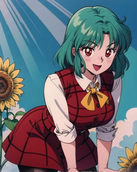 <lyco:YuukaKazamiV2:0.7>, YuukaKazami, :D, red eyes, mature female, leaning forward, large breasts, close up, dutch angle, green hair, YuukaRedPlaidOutfit, red plaid vest and skirt set, white shirt, black pantyhose, smile, sunflower fields, nature, blue sk...