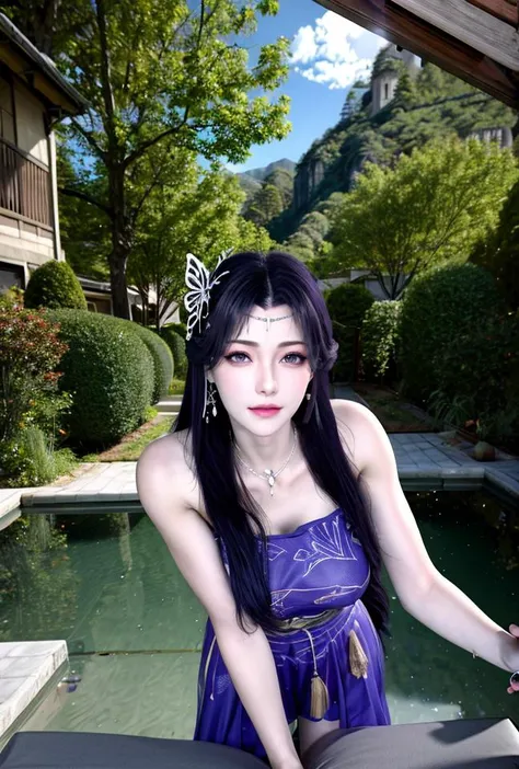 <lora:yunxi2:0.73>(yunxi),yunxisuit,(chinese traditional style),(highres:1.8),
1girl, purple hair, solo, purple eyes, hair ornament, bug, butterfly, makeup, butterfly hair ornament, blurry,upper body, breasts, lipstick, (chinese traditional style), blurry ...