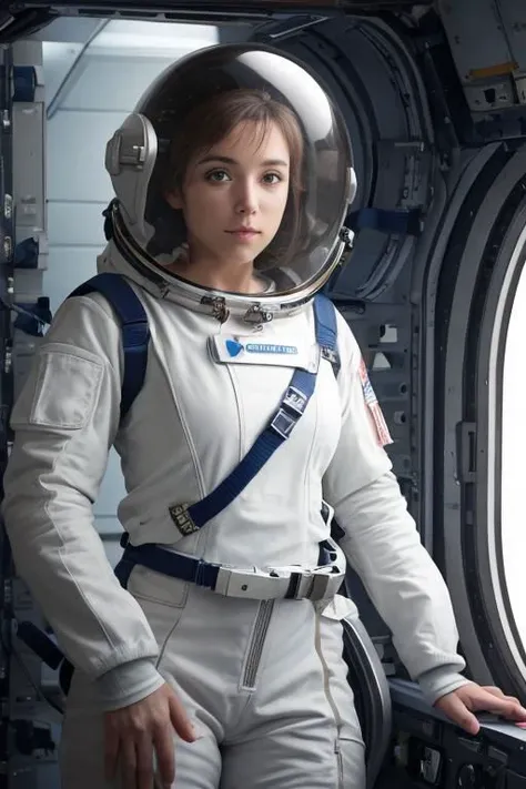 arafed woman in a space suit standing in a space station