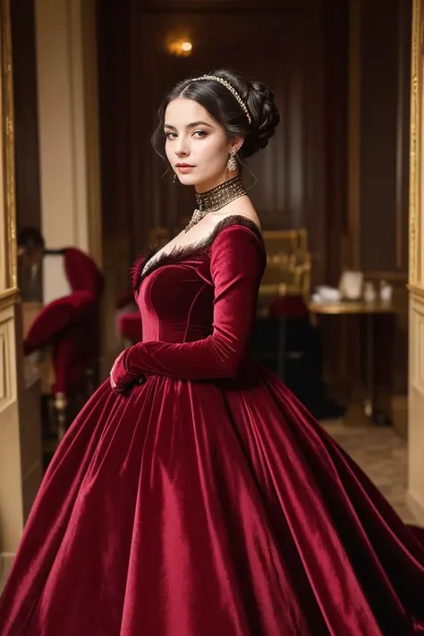 a woman in a red dress standing in a hallway