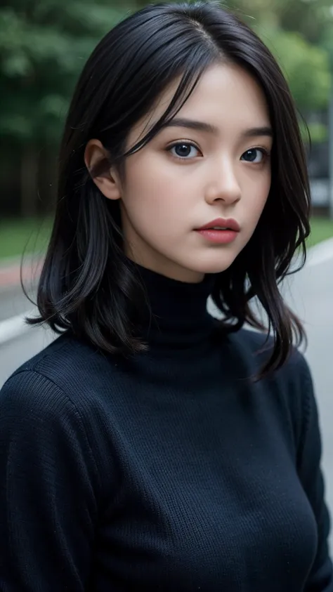 a close up of a woman with a black turtle neck sweater