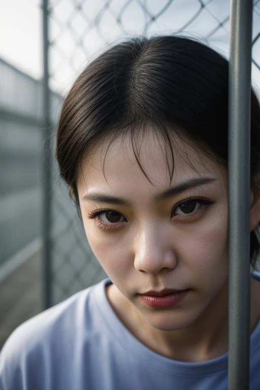 a close up of a woman looking at the camera behind a fence