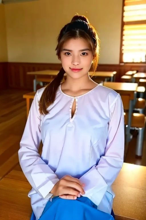 a close up of a person sitting on a table in a room