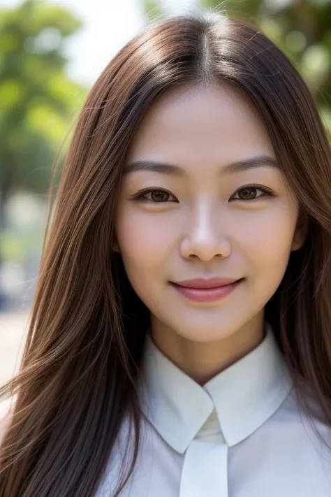 a close up of a woman with long hair wearing a white shirt