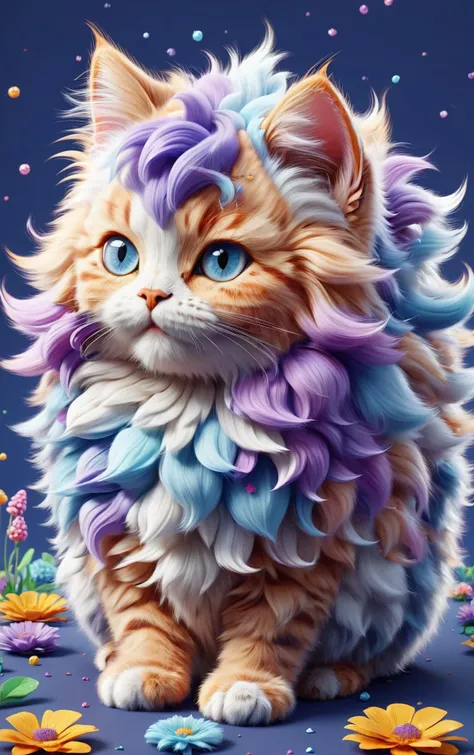 a close up of a cat with a colorful mane on a blue background