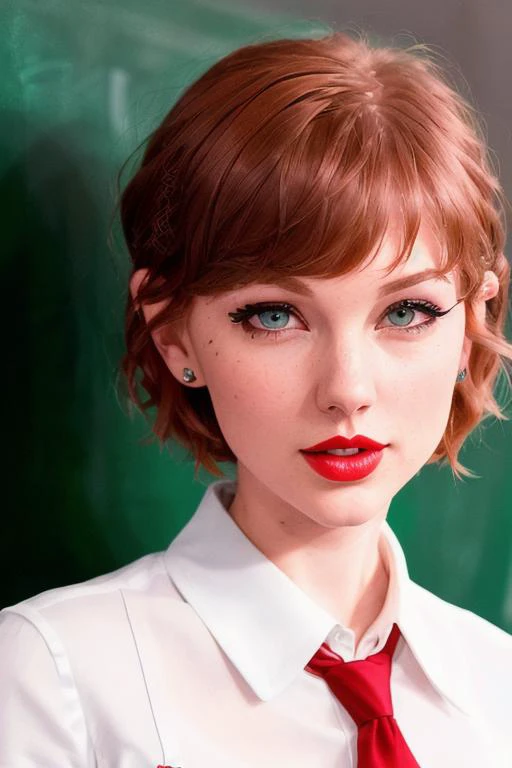 photo of tswift-2400:0.99, a woman,((dark red hair, short hair, pixie cut):1.2), ((closeup, portrait):1.1), ((red lipstick, eyeliner, eye shadow):1.2), ((classroom, chalkboard, desk):1.1),((necktie, white shirt):1.2) ((best quality, masterpiece, extreme de...