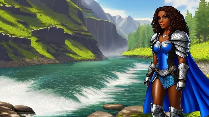 gorgeous black woman,
large blue eyes, beautiful eyes,
beautiful face,  chiseled jaw,
dark skin, muscular body, whole body visible, full body,
walking next to a river,
masterpiece, very detailed, high quality
 <lora:w4rr10rg0wn:1> w4rr10rg0wn, cleavage,cap...