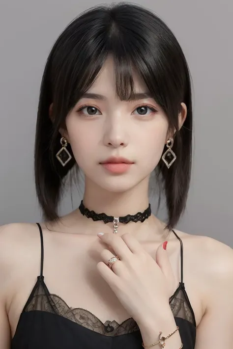 masterpiece, high quality,(photorealistic:1.3),perfect eyes,ultra realistic, real human skin,1girl, looking at viewer,  grey background,small breasts, camisole,  choker, lace trim, earrings, choker,hair ornament, nail polish, bracelet, ring, twintails, 
<l...