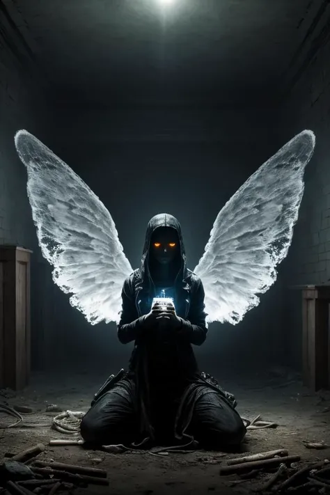 Dystopian style translucent ectoplasm angel with blue glowing ectoplasm wings kneeling in dungeon amongst treasure, glowing eyes, volumetric light, misty, glowing ectoplasm wings, adult . Bleak, post-apocalyptic, somber, dramatic, highly detailed