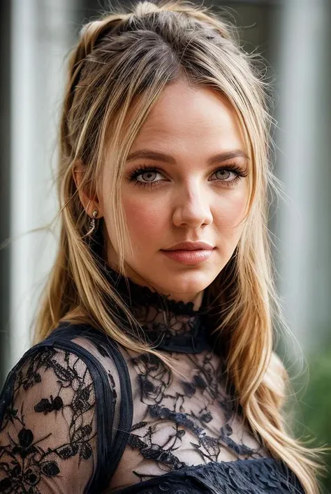 a close up of a woman with long hair wearing a black dress