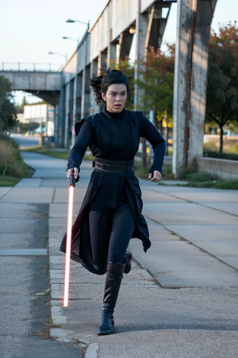 woman in black outfit with lightsabed walking down sidewalk