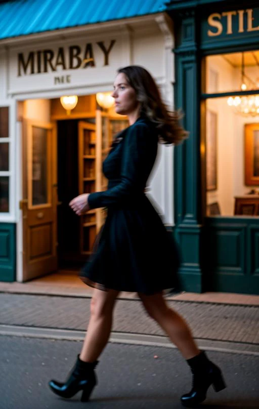 woman in black dress walking down the street in front of a store