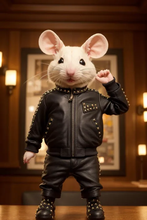 a funny photo of a mouse (cute mouse:1.0) dressed with a (Black leather jacket studded:1.3), detailed jacket, masterpiece, best quality, high quality, extremely detailed cg unity 8k wallpaper, scenery, award winning photography, hdr, trending on artstation...