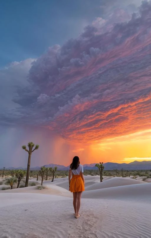 27 yo very tall Mexican woman standing in white sands NM at dusk, flowering Yuccas, Joshua trees, burning phoenix bird in the sand, colorful pink yellow and orange thunderclouds full of lightning in the far distant sky<lora:MoreDetails:.75> <lora:DepthOfFi...