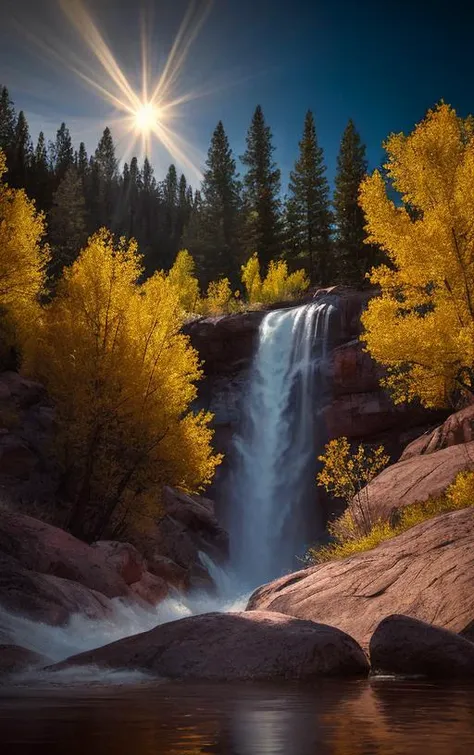 a waterfall in the middle of a forest with trees and rocks