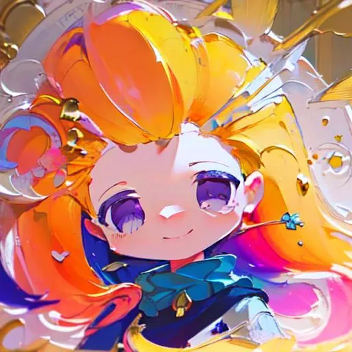 monochrome,masterpiece, best quality, illustration,
chibi, cute oil , oil painting (medium), brush stroke,
 (disheveled hair),[orange hair:purple buttom hair:0.8],forehead,zoe,long hair,multicolored hair,blue and purple  eyes,smile,