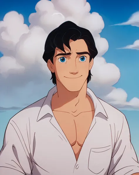 score_9, score_8_up, score_7_up, zPDXL, <lora:Disney_Style:1>DisneyRenstyle, PrinceEric, TLM, 1boy, male focus, black hair, white shirt, cloud, smile, sky, blue eyes, closed mouth, parody, collared shirt, outdoors, collarbone