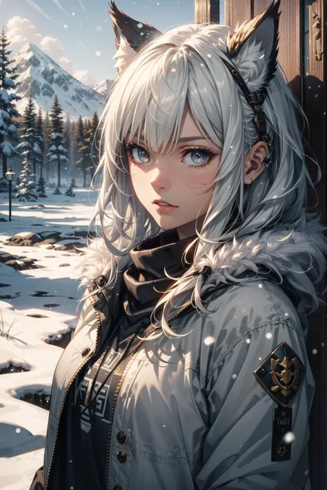 extreme quality, cg, detailed face+eyes, (bright colors), (anime), 1girl, impact, (winter), blizzard, time stop, sci fi, (tribal cat), (eskimo), animal ear fluff, fur trim, clouds, tan skin, (feather headdress), masterpiece, top tier, extravagant, 8k, unit...