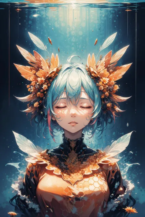 masterpiece, best quality, 1girl, closed eyes, upper body, splashing, abstract, psychedelic, neon, (honeycomb pattern), (creative:1.3), sy3, SMM, fantasy00d