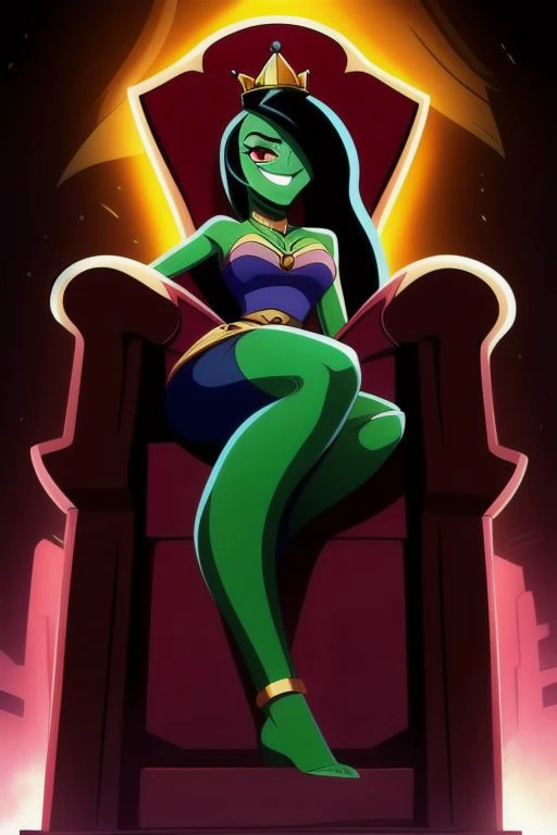 a cartoon character sitting on a throne with a crown on her head