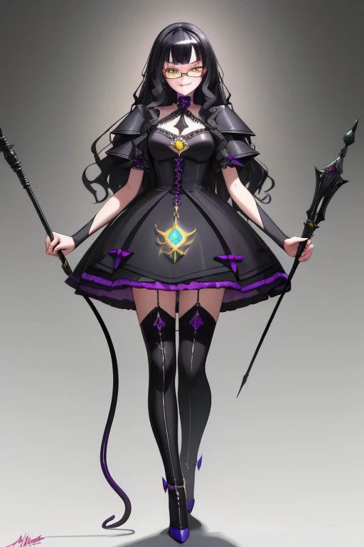 a woman in a black dress holding two swords and a wand