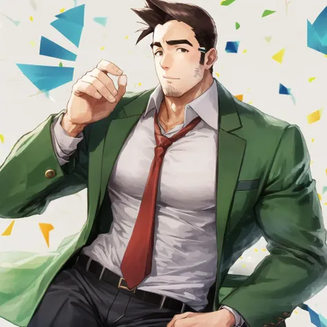 gumshoe, green jacket, muscular male, red tie,