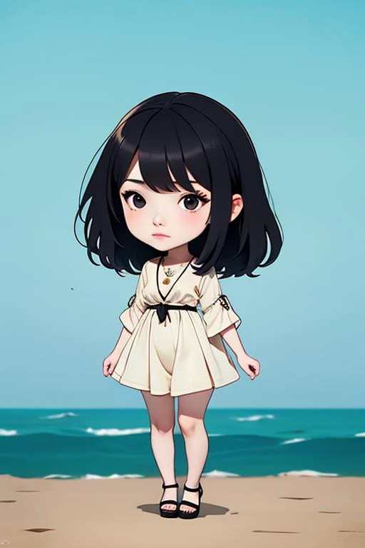 a cartoon girl standing on a beach next to the ocean