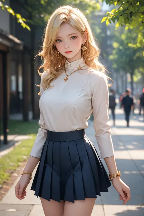 a woman in a skirt and blouse is walking down the street