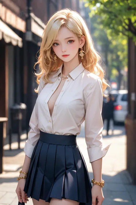 <lora:Again_Girl_A16:0.8>, 1girl, breasts, skirt, blurry, earrings, jewelry, blurry background, looking at viewer, shirt, solo, long hair, blonde hair, open clothes, pleated skirt, outdoors, cowboy shot,