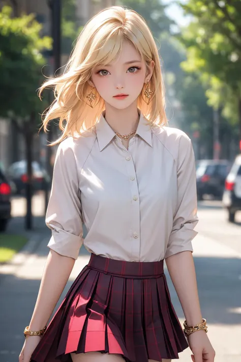 a woman in a skirt and shirt is walking down the street