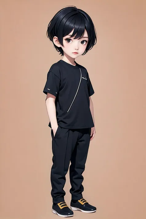 a cartoon boy in a black shirt and pants standing in front of a brown background