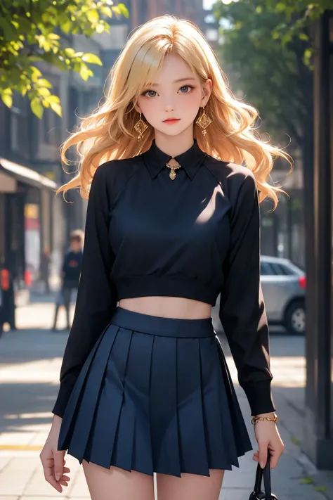 a woman in a black top and skirt walking down a street