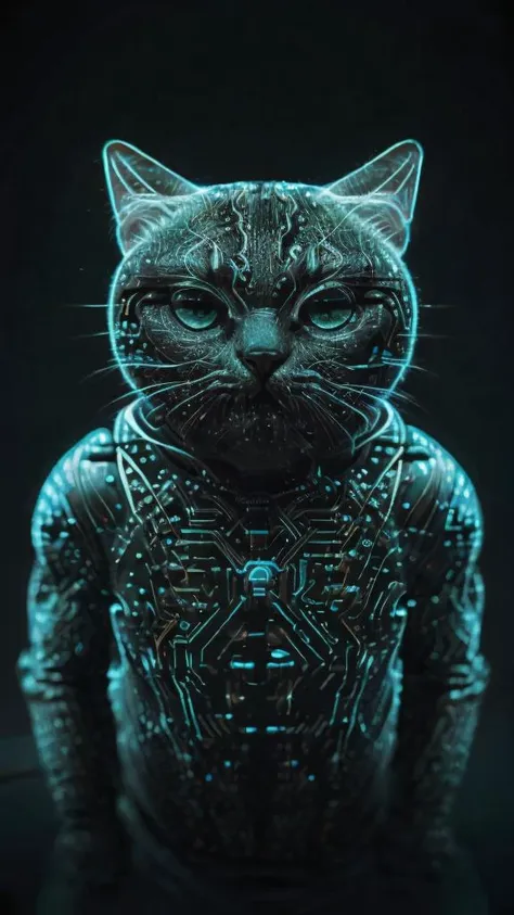 a cat with a glowing bodysuit on sitting in the dark