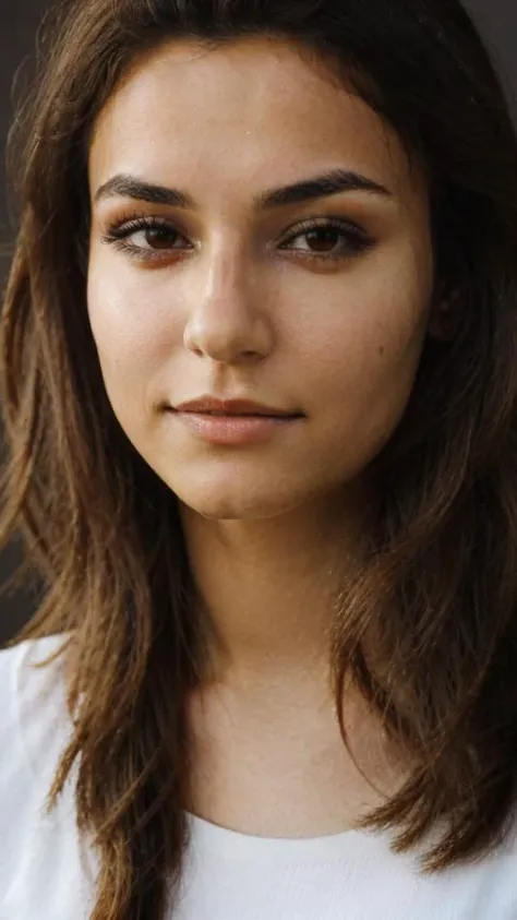 a close up of a woman with long hair and a white shirt