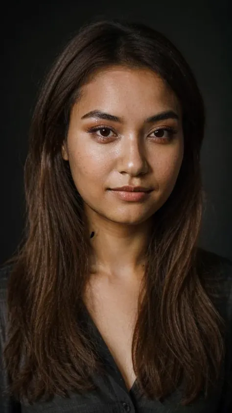 a close up of a woman with long hair and a black shirt