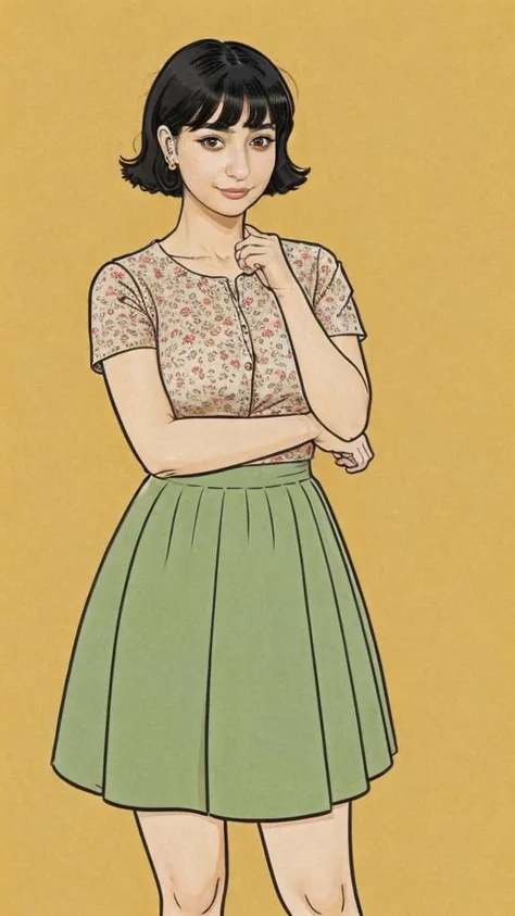 a drawing of a woman in a green skirt and a floral top